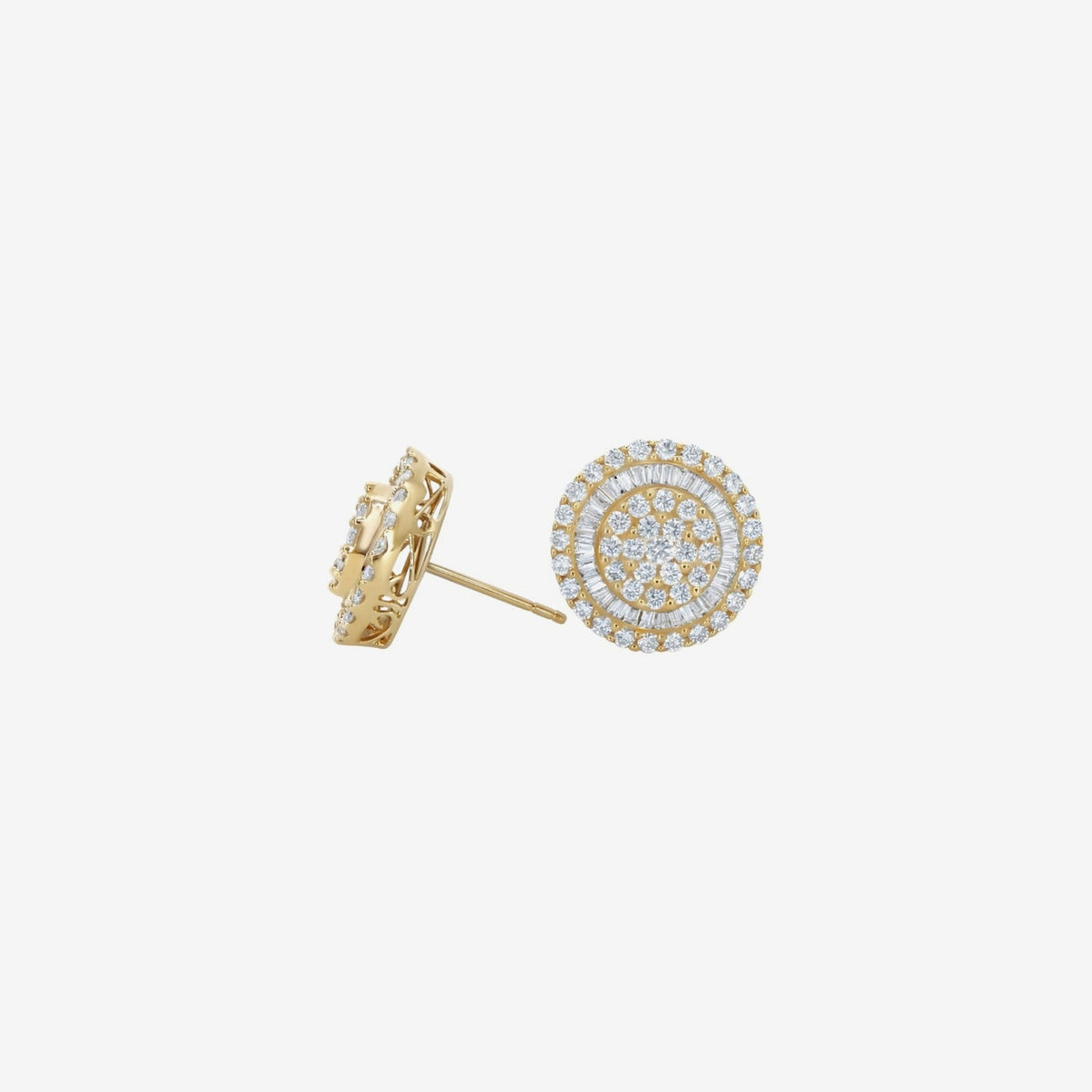 14mm Diamond Cluster Stud Earrings in 18K Yellow Gold, view 2, gray background | JJ Jewelry Miami