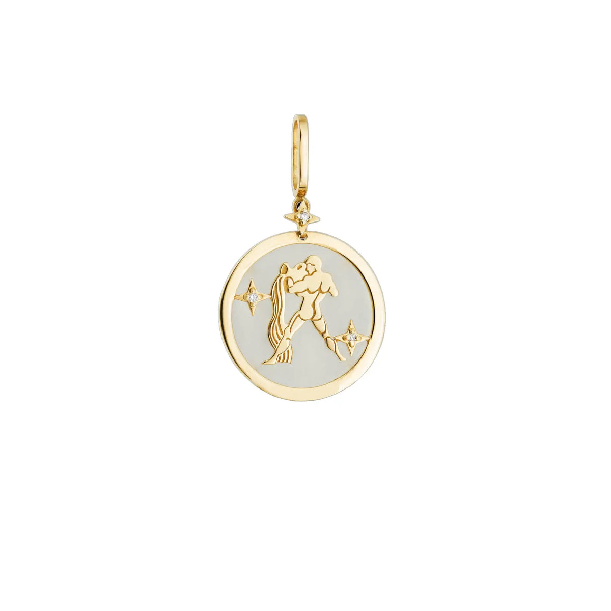 Aquarius Zodiac Pendant with White Quartz & Diamonds in 18K Yellow Gold | JJ Jewelry Miami