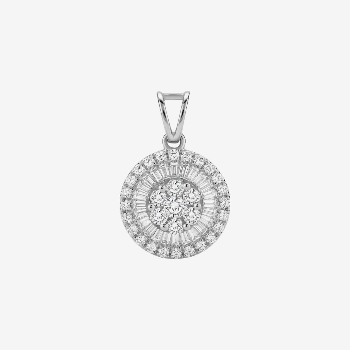Baguette Halo Diamond Cluster Pendant in 18K White Gold, gray background | JJ Jewelry Miami