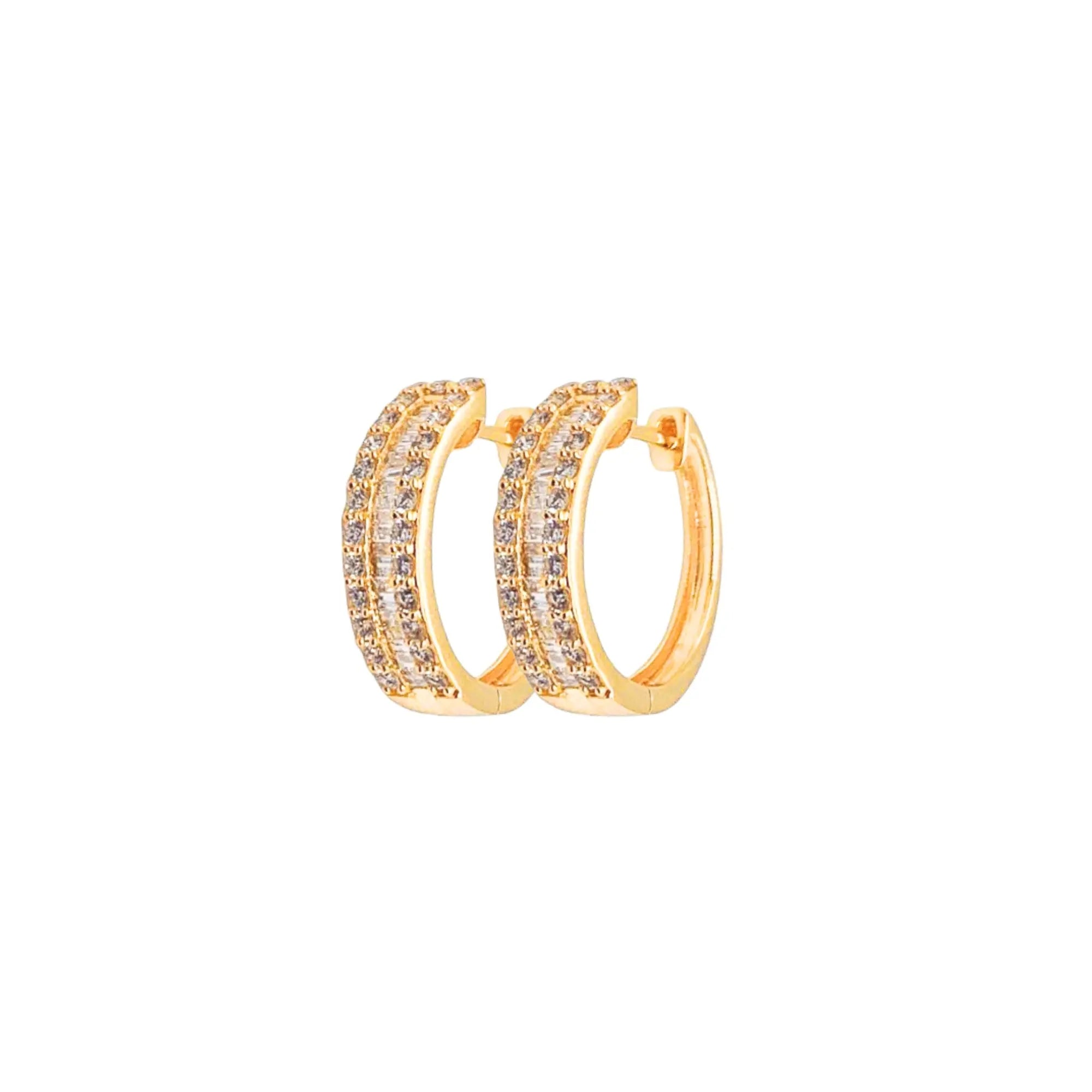 Baguette & Pavé Diamond Hoop Earrings in 18K Yellow Gold | JJ Jewelry Miami