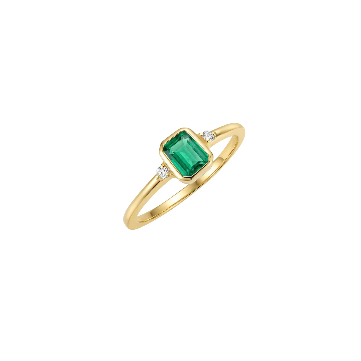 Bezel-Set Emerald & Diamond Stackable Ring in 14K Yellow Gold | JJ Jewelry Miami