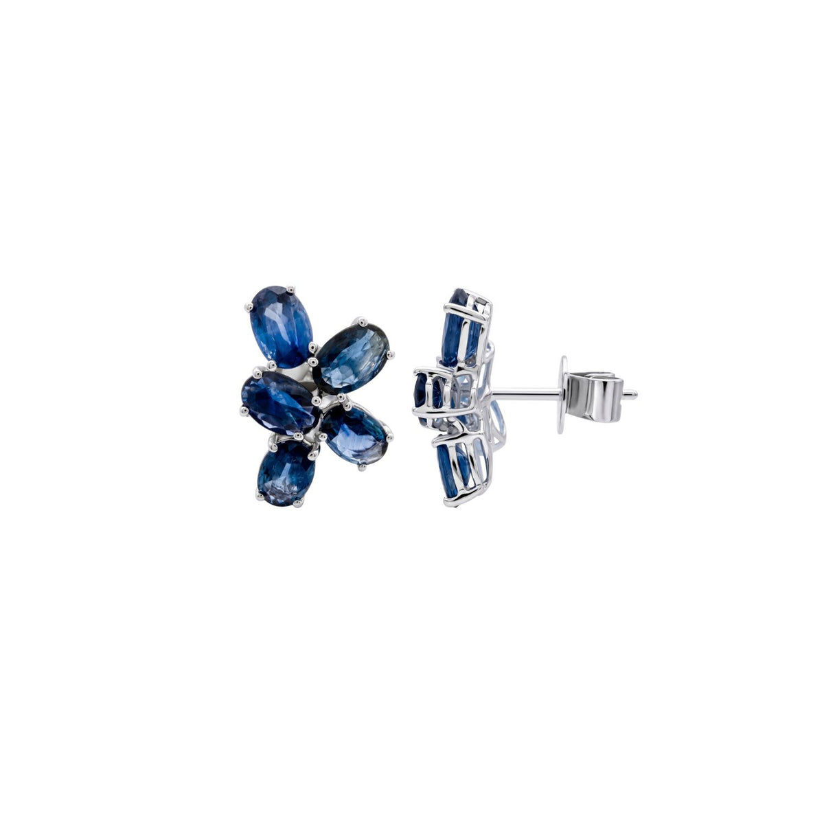 Blue Sapphire Flower Cluster Earrings in 18K White Gold