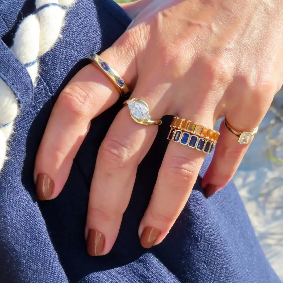 Yellow gold sapphire gypsy ring fine jewelry JJ Jewelry