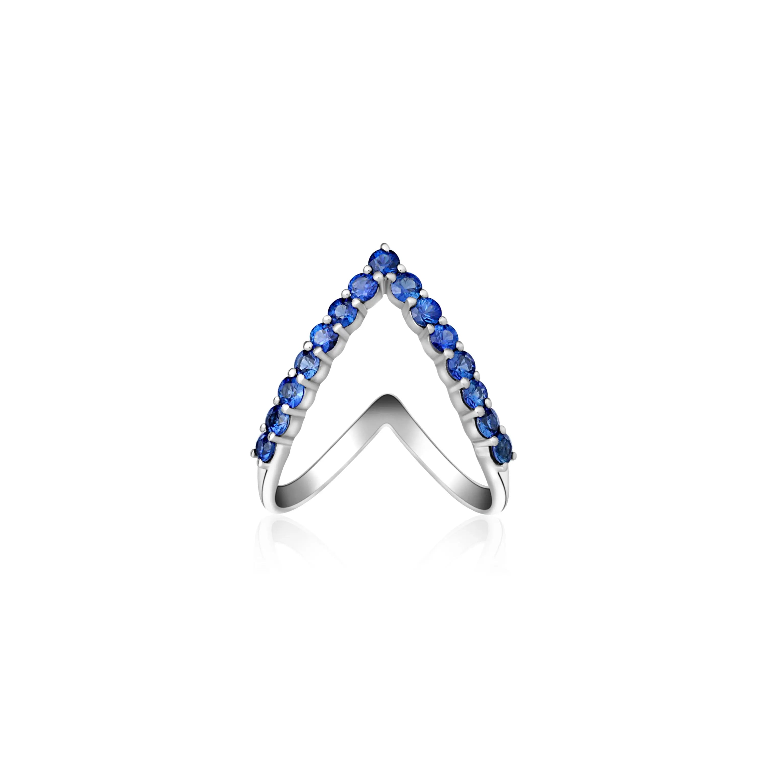 Blue Sapphire V-Shaped Stackable Ring in 18K White Gold | JJ Jewelry Miami