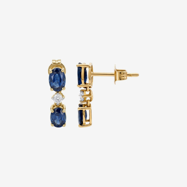 Blue Sapphire and Diamond Drop Earrings in 14K Yellow Gold, gray background | JJ Jewelry Miami