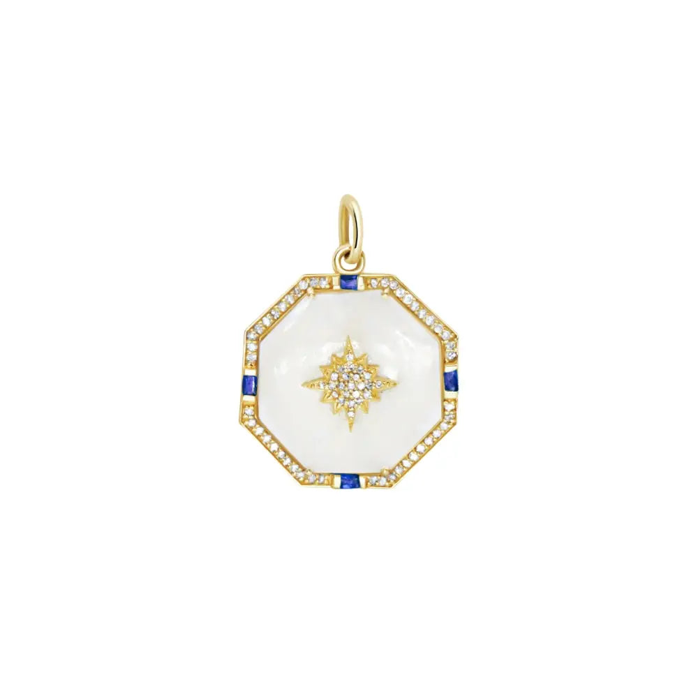 Blue Sapphire & Diamond Starburst Pendant in 14K Yellow Gold | JJ Jewelry Miami