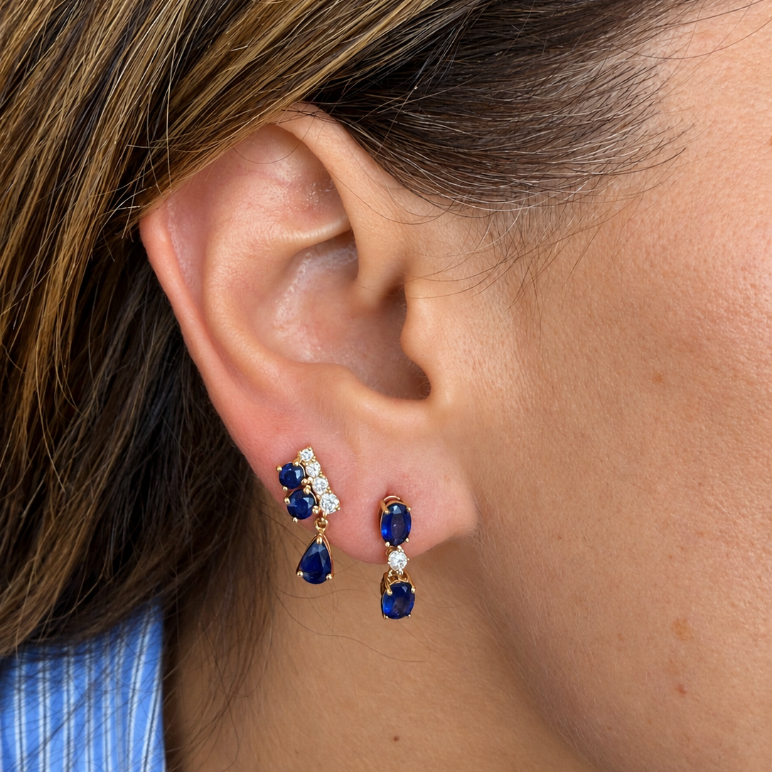 Blue Sapphire & Diamond Drop Earrings in 14K Yellow Gold