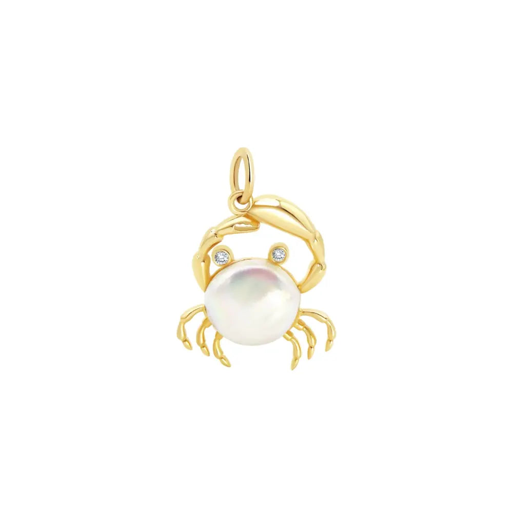 Crab pendant with mother-of-pearl and diamonds in 14K yellow gold by JJ Jewelry