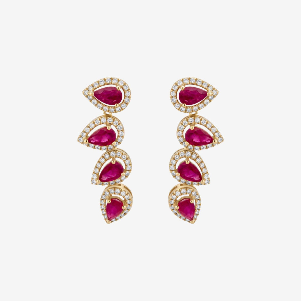 Dancing Ruby and Diamond Pear Drop Earrings in 18K Yellow Gold, gray background | JJ Jewelry Miami