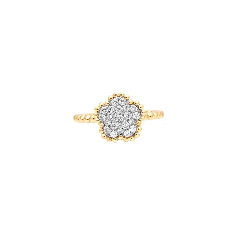 Diamond Pavé Clover Flower Ring in 18K Yellow Gold | JJ Jewelry Miami