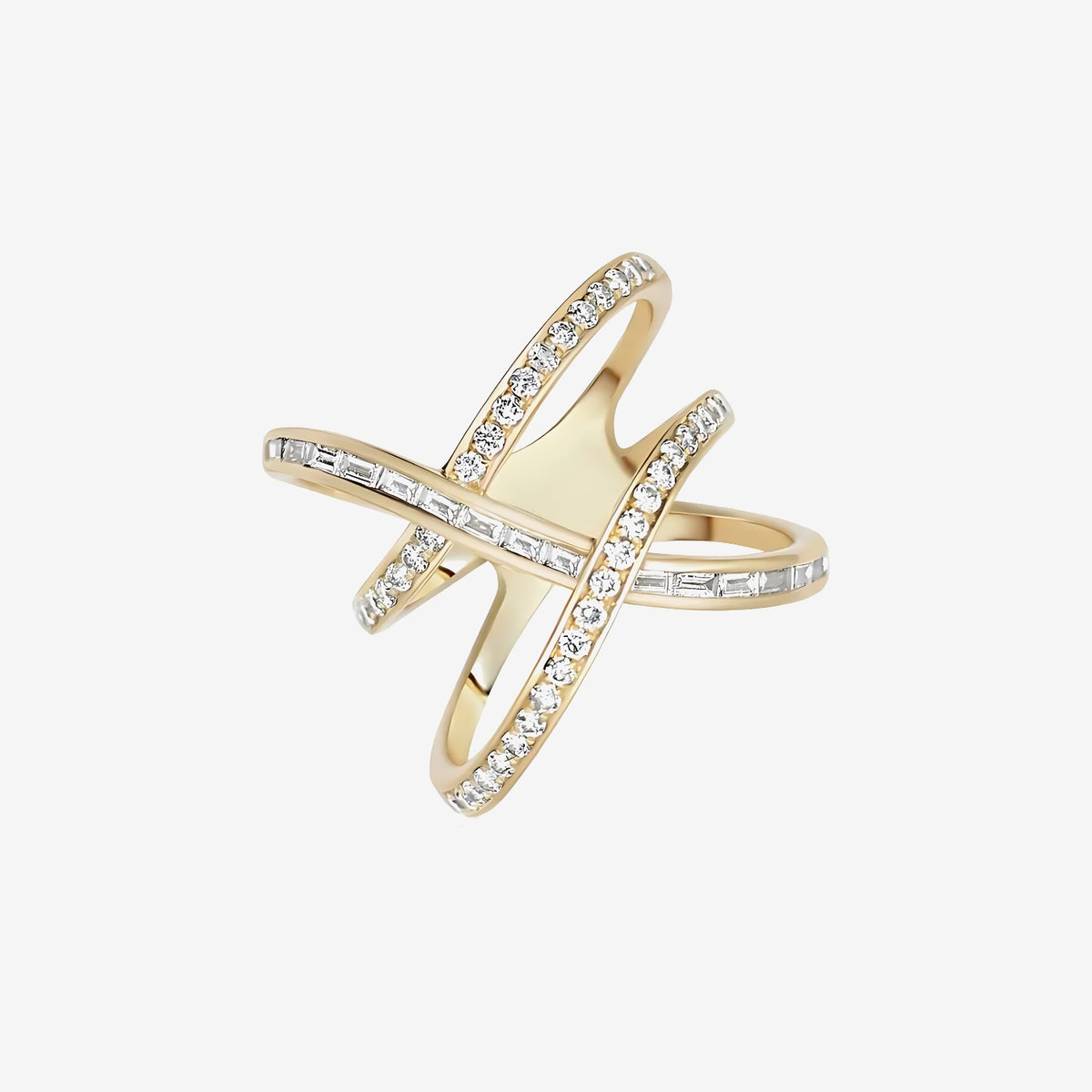 Double Cross Diamond Cocktail Ring in 18K Yellow Gold | JJ Jewelry