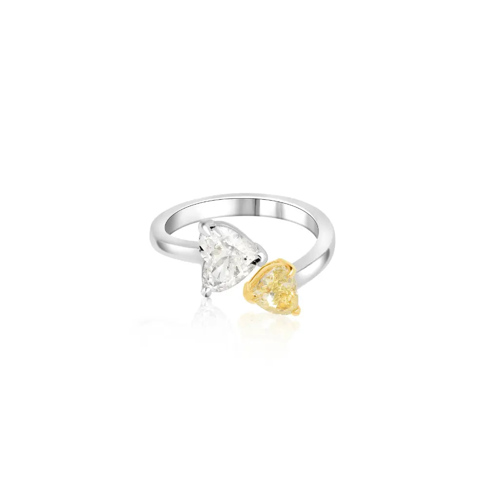 Double Heart Yellow & White Diamond Open Ring | JJ Jewelry Miami