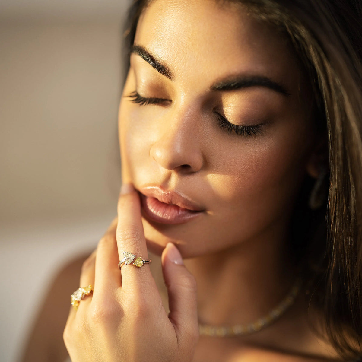 Double Heart Yellow and White Diamond Open Ring, lifestyle view 1 | JJ Jewelry