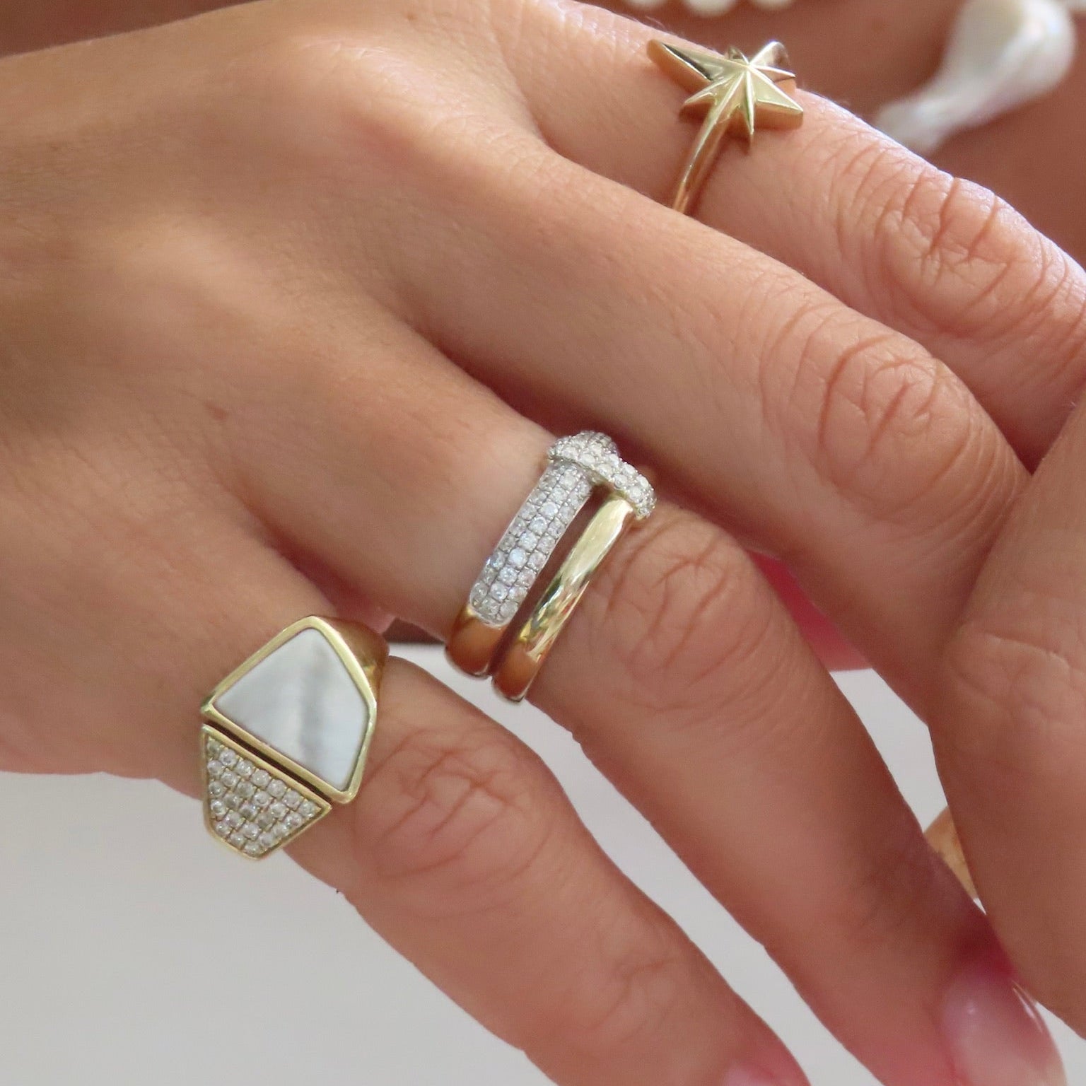 Double Row Pavé Diamond T Ring in 14K Yellow and White Gold