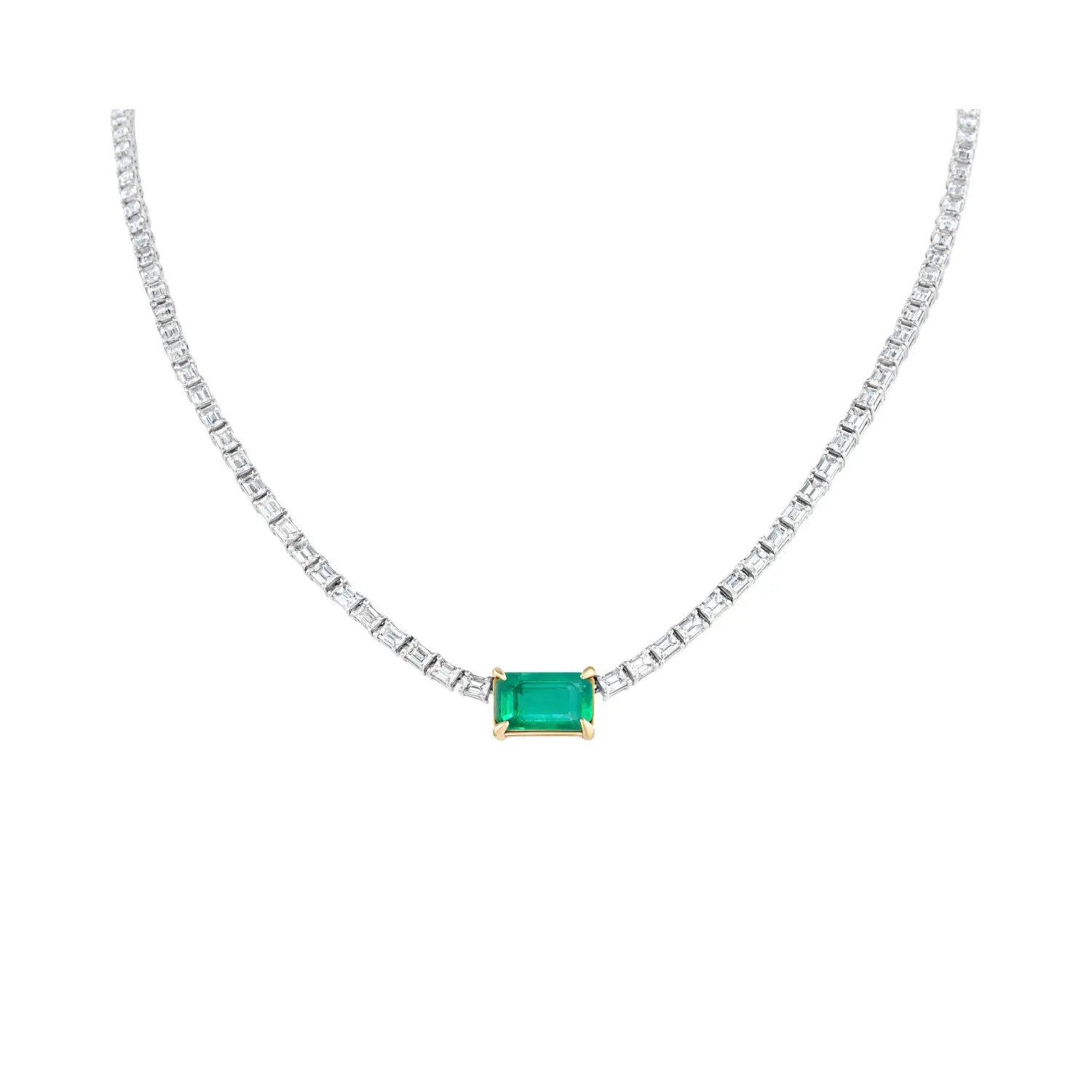 Emerald Center Baguette Diamond Tennis Necklace | JJ Jewelry Miami
