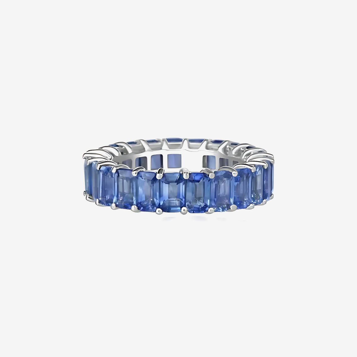 Emerald-Cut Blue Sapphire Full Eternity Ring in 18K White Gold | JJ Jewelry