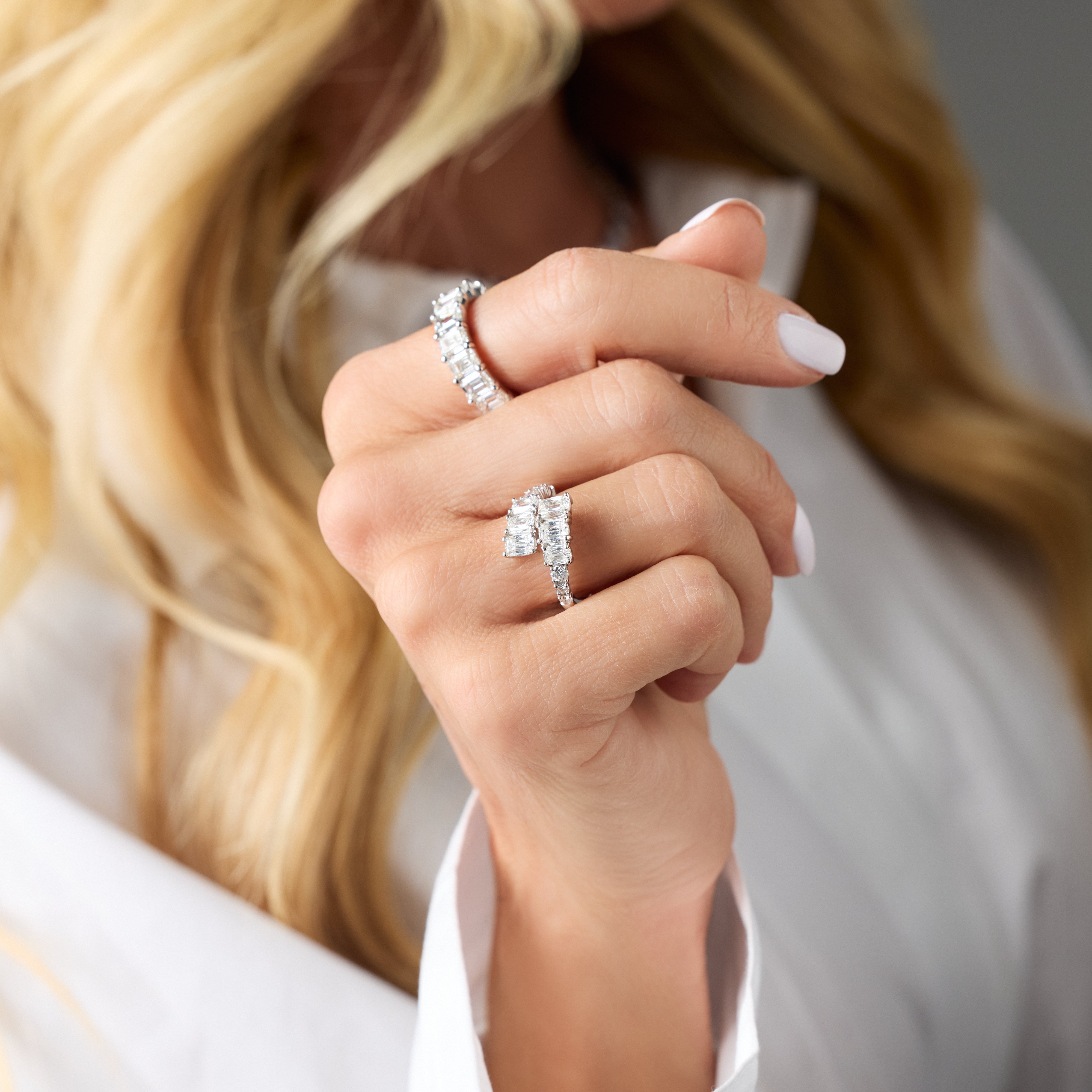 Emerald-Cut and Round Diamond Bypass Ring in 18K White Gold