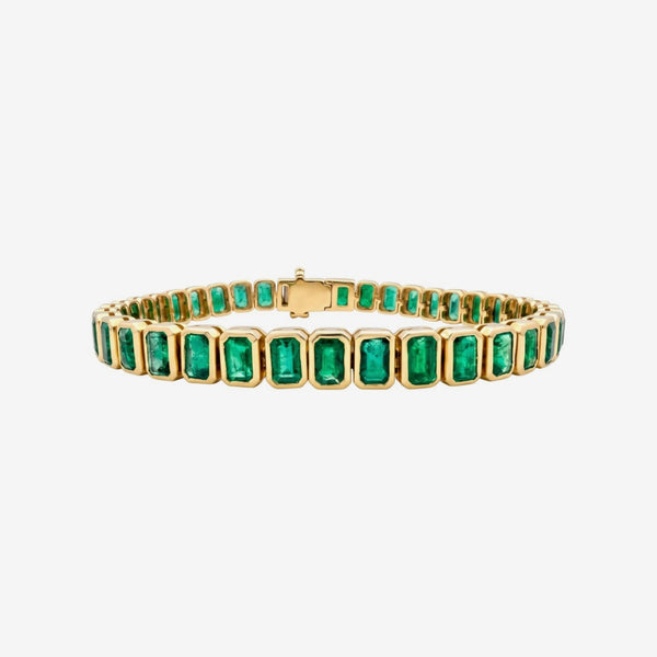 Emerald-Cut Emerald Bezel Tennis Bracelet in Yellow Gold | JJ Jewelry