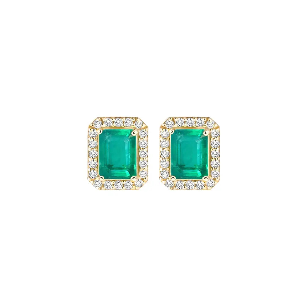 Emerald & Diamond Halo Earrings in 14K Yellow Gold | JJ Jewelry Miami