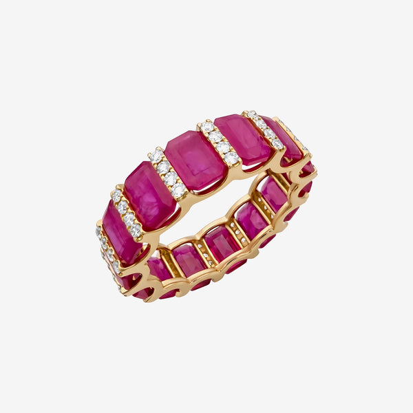 Emerald-Cut Ruby and Diamond Eternity Band in 18K Yellow Gold | JJ Jewelry