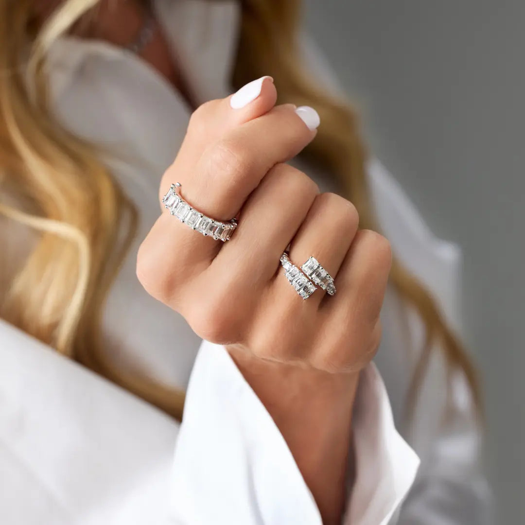 Emerald-Cut and Round Diamond Bypass Ring, lifestyle view 1 | JJ Jewelry