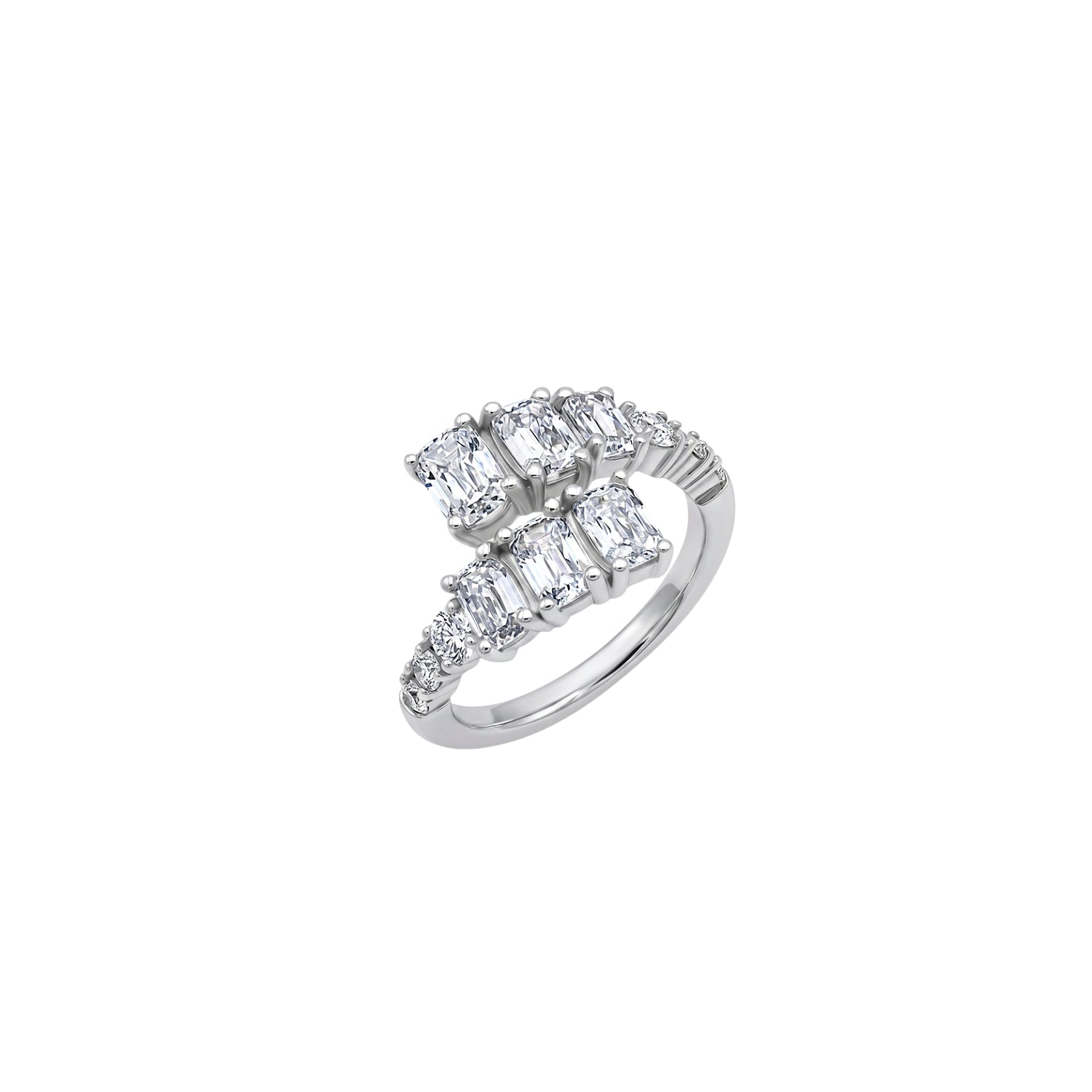 Emerald-Cut and Round Diamond Bypass Ring in 18K White Gold