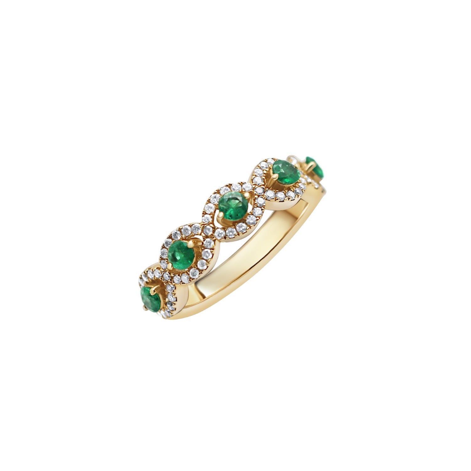 Emerald & Diamond Halo Loop Band Ring in 14K Yellow Gold | JJ Jewelry Miami