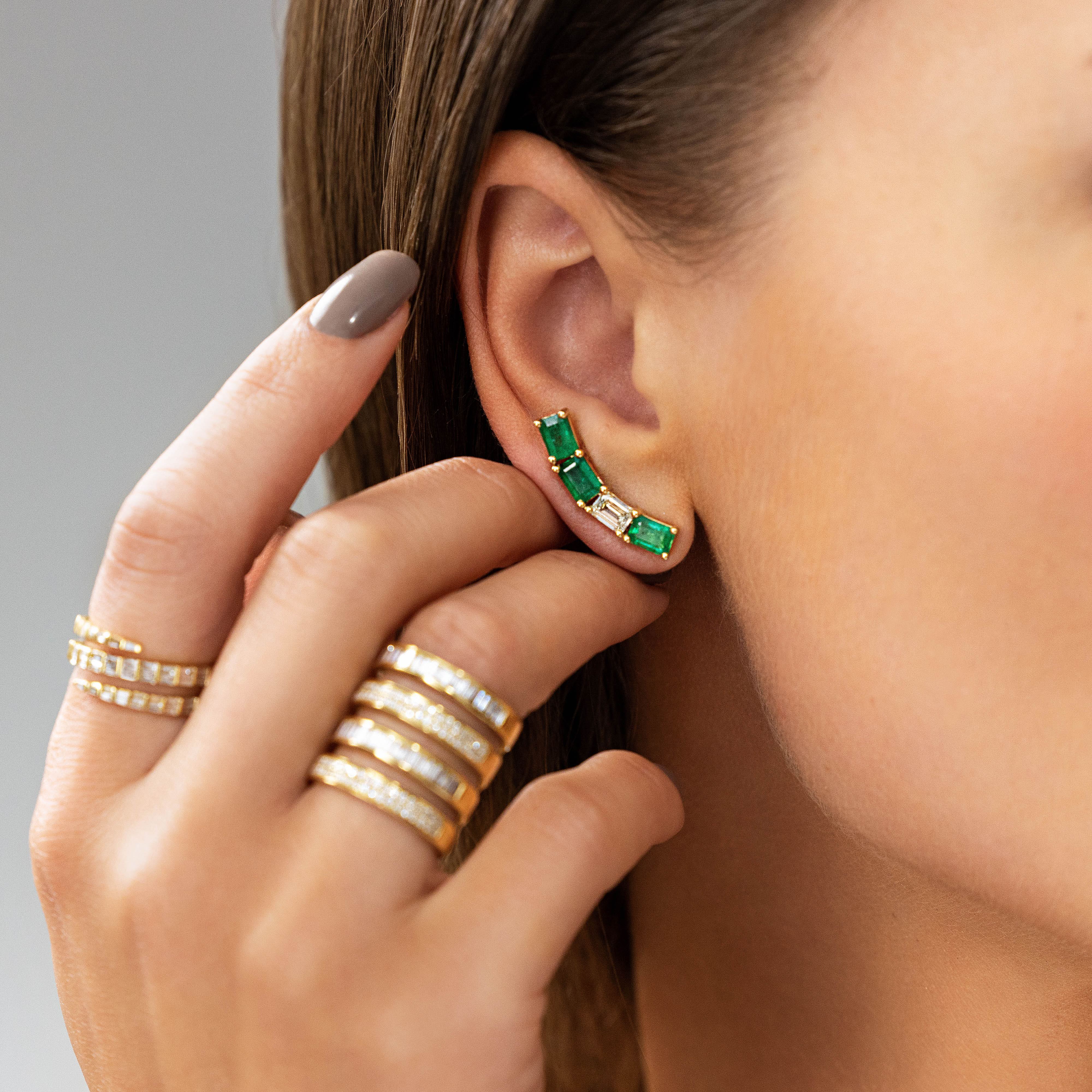 Emerald and Diamond Baguette Ear Crawler-Princess Jewelry Shop