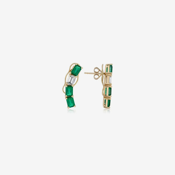 Emerald and Diamond Baguette Ear Crawlers in 18K Yellow Gold, gray background | JJ Jewelry Miami
