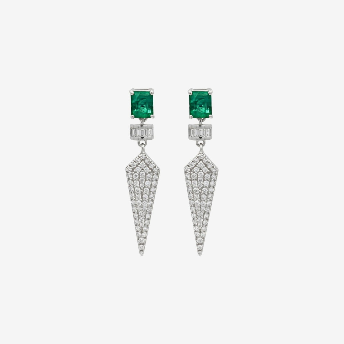 Emerald and Diamond Dancing Drop Earrings in 14K White Gold, gray background | JJ Jewelry Miami