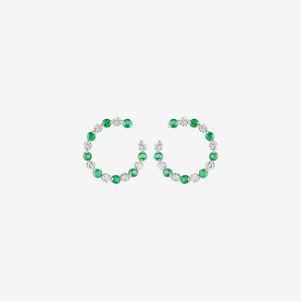 Emerald and Diamond Garland Hoop Earrings in 14K Yellow Gold, gray background | JJ Jewelry Miami