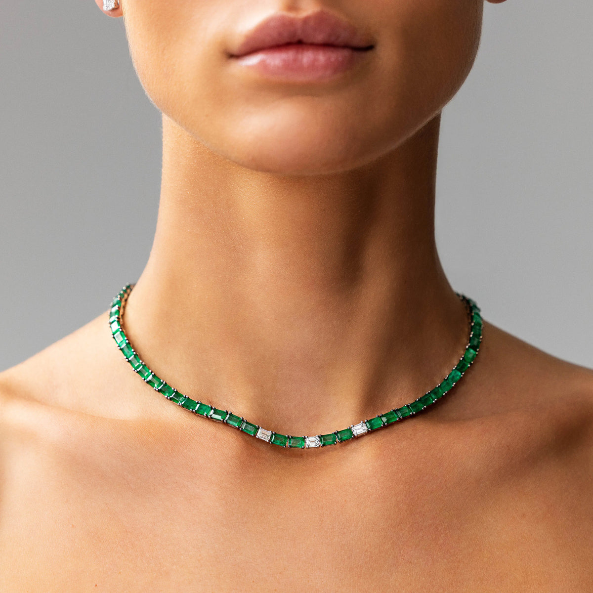 Emerald and Diamond Half Necklace in 18K White Gold, view 1 | JJ Jewelry Miami