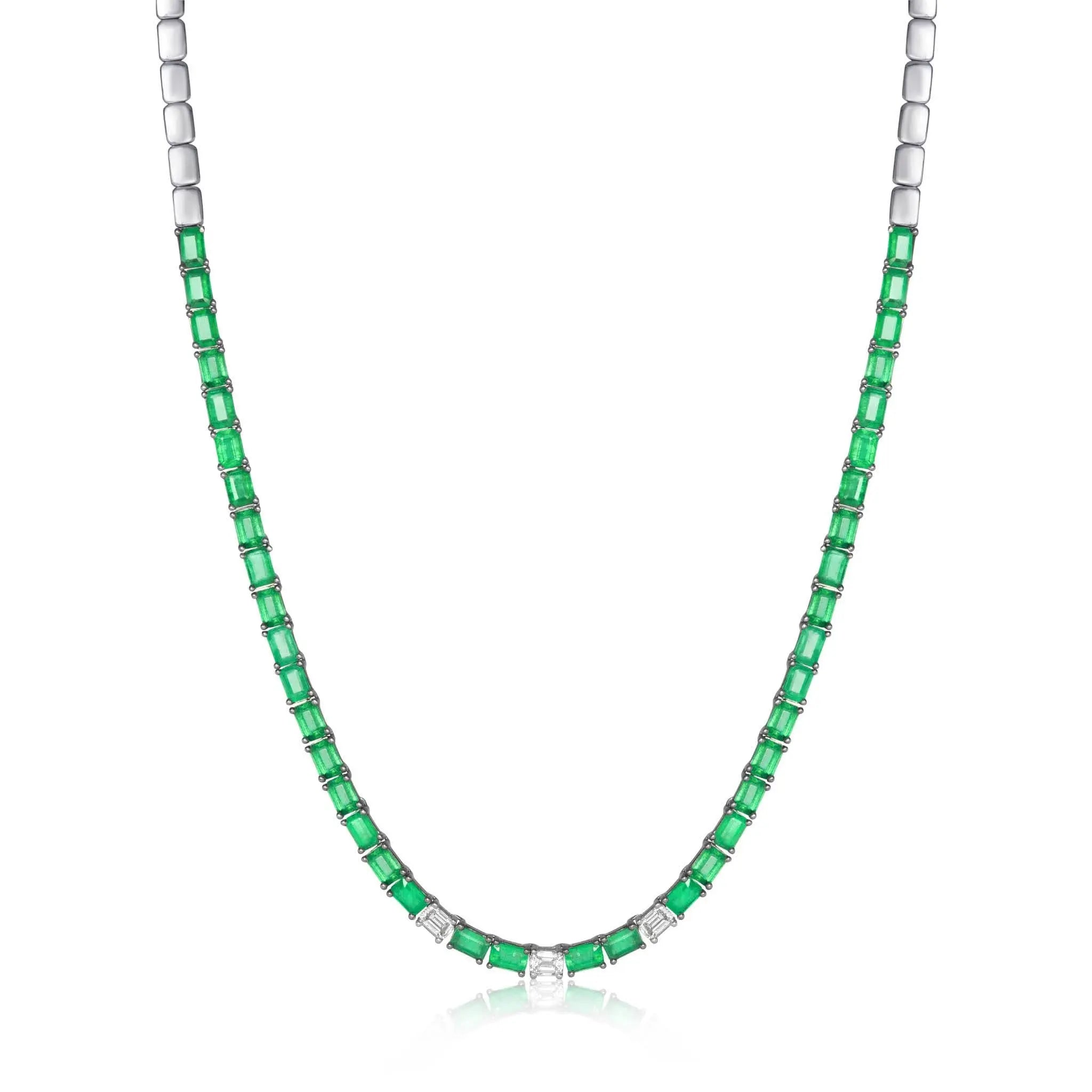 Emerald and Diamond Half Necklace in 18K White Gold | JJ Jewelry Miami