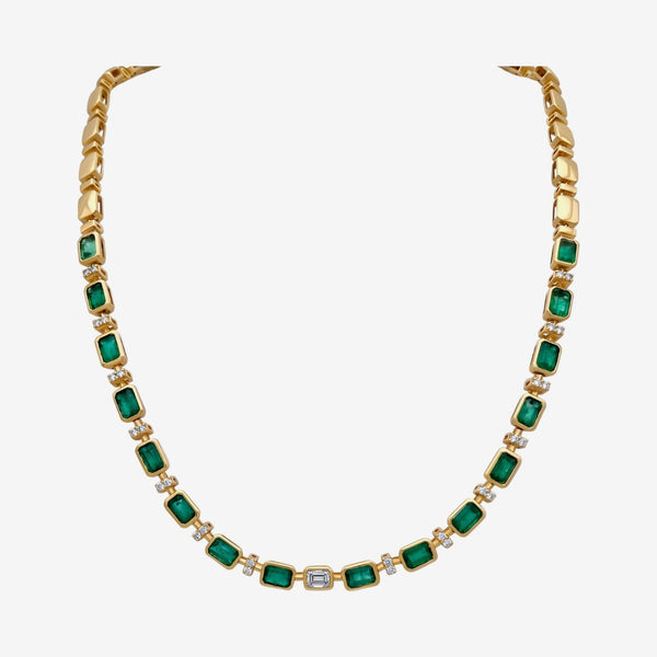 Emerald and Diamond Lariat Necklace in 18K Yellow Gold, gray background | JJ Jewelry Miami