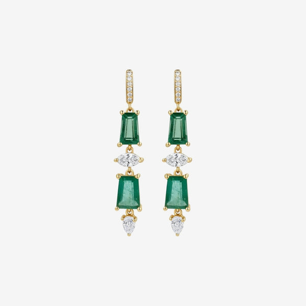 Emerald and Diamond Long Drop Earrings in 18K Yellow Gold | JJ Jewelry Miami