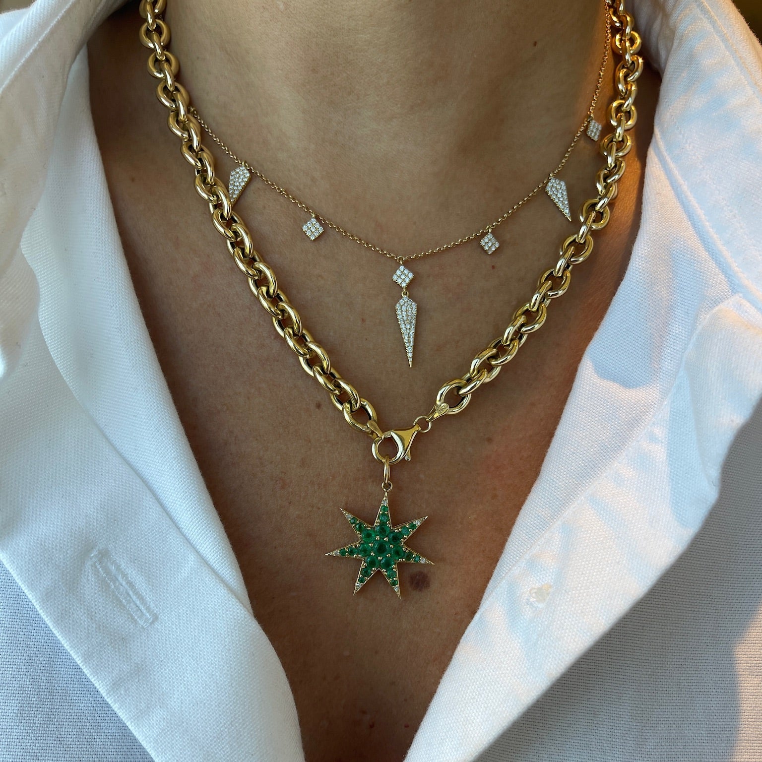 Emerald and Diamond Star Pendant in 14K Yellow Gold