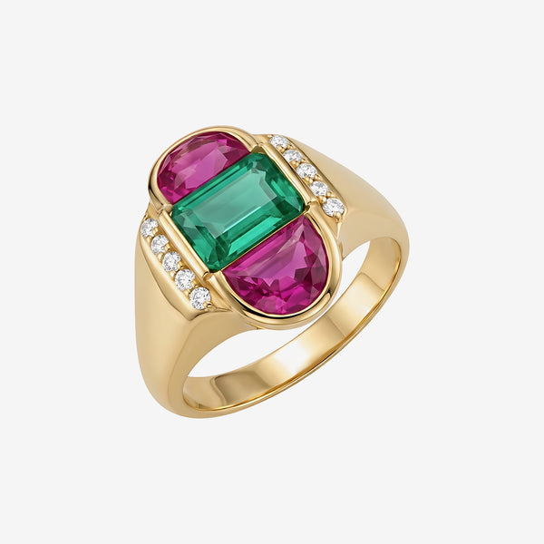 Emerald and Half-Moon Ruby Ring in 18K Yellow Gold | JJ Jewelry