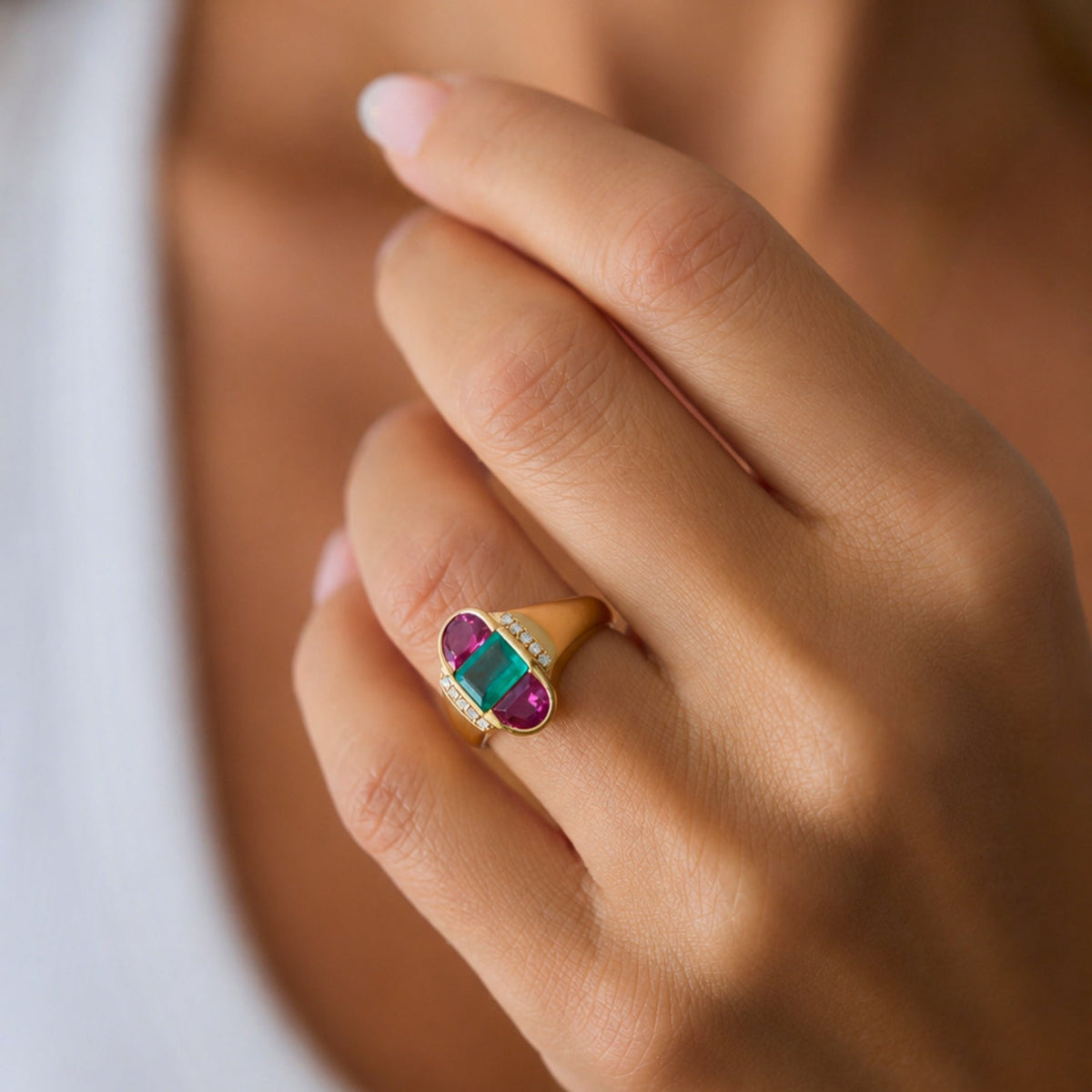 Emerald and Half-Moon Ruby Ring in 18K Yellow Gold, view 3 | JJ Jewelry Miami