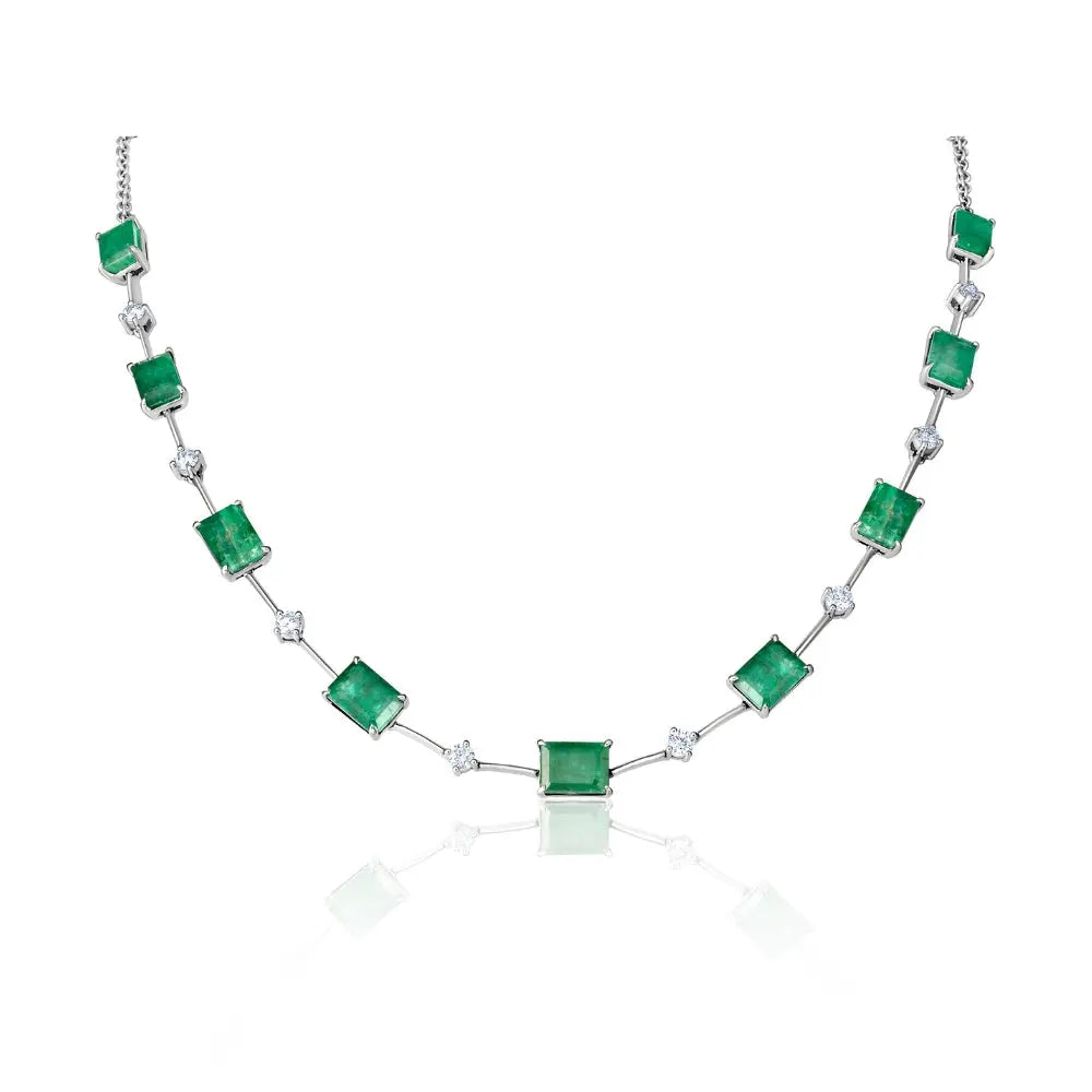 Emerald and Round Diamond Necklace in 18K White Gold | JJ Jewelry Miami