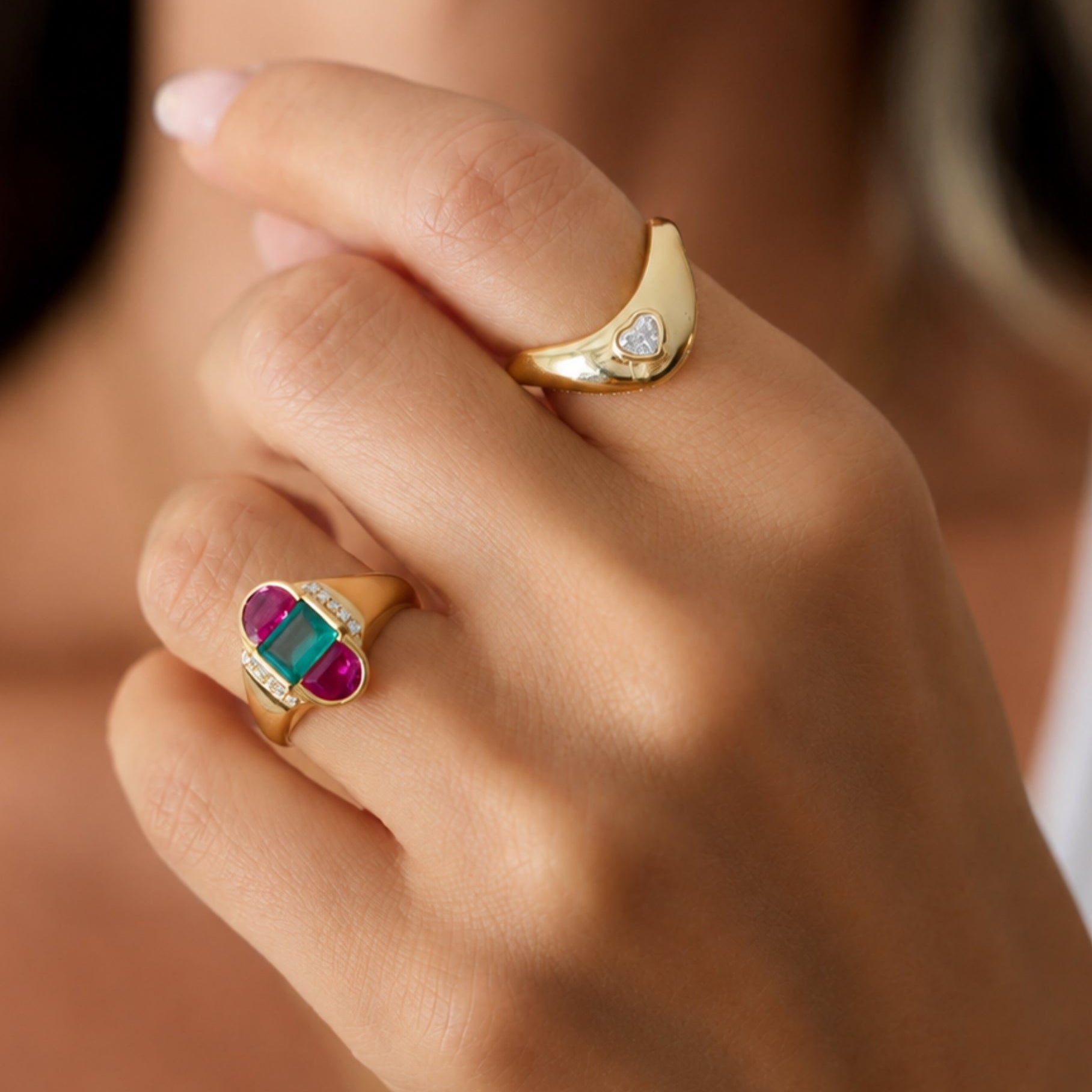 Emerald and Half-Moon Ruby Ring in 18K Yellow Gold