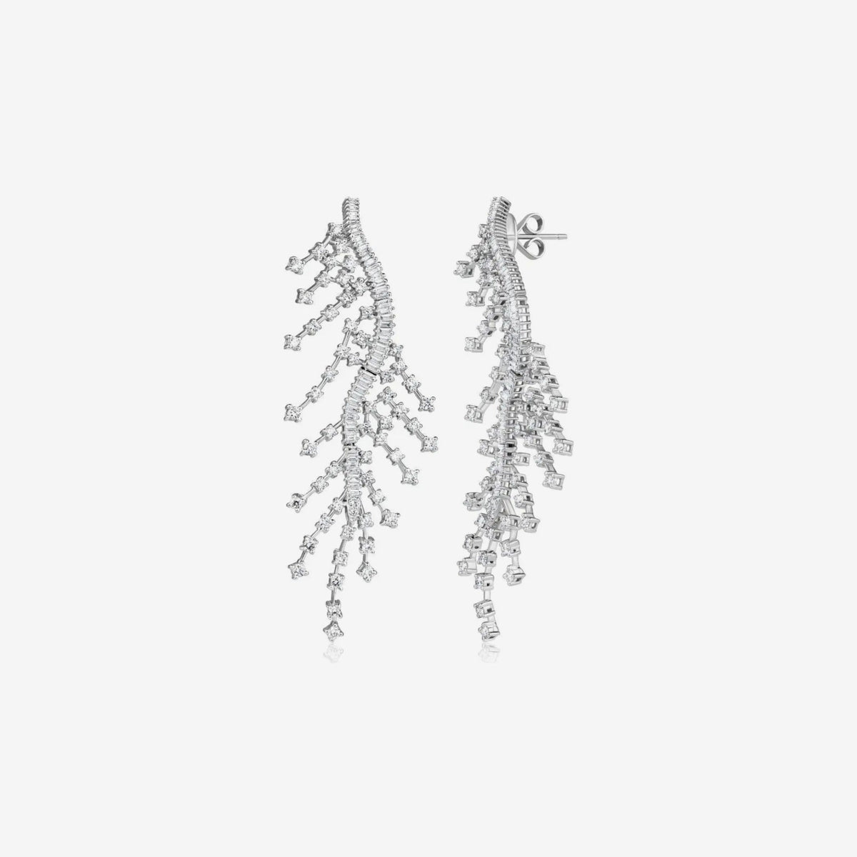Falling Leaves Firework Diamond Drop Earrings in 18K White Gold, gray background | JJ Jewelry Miami
