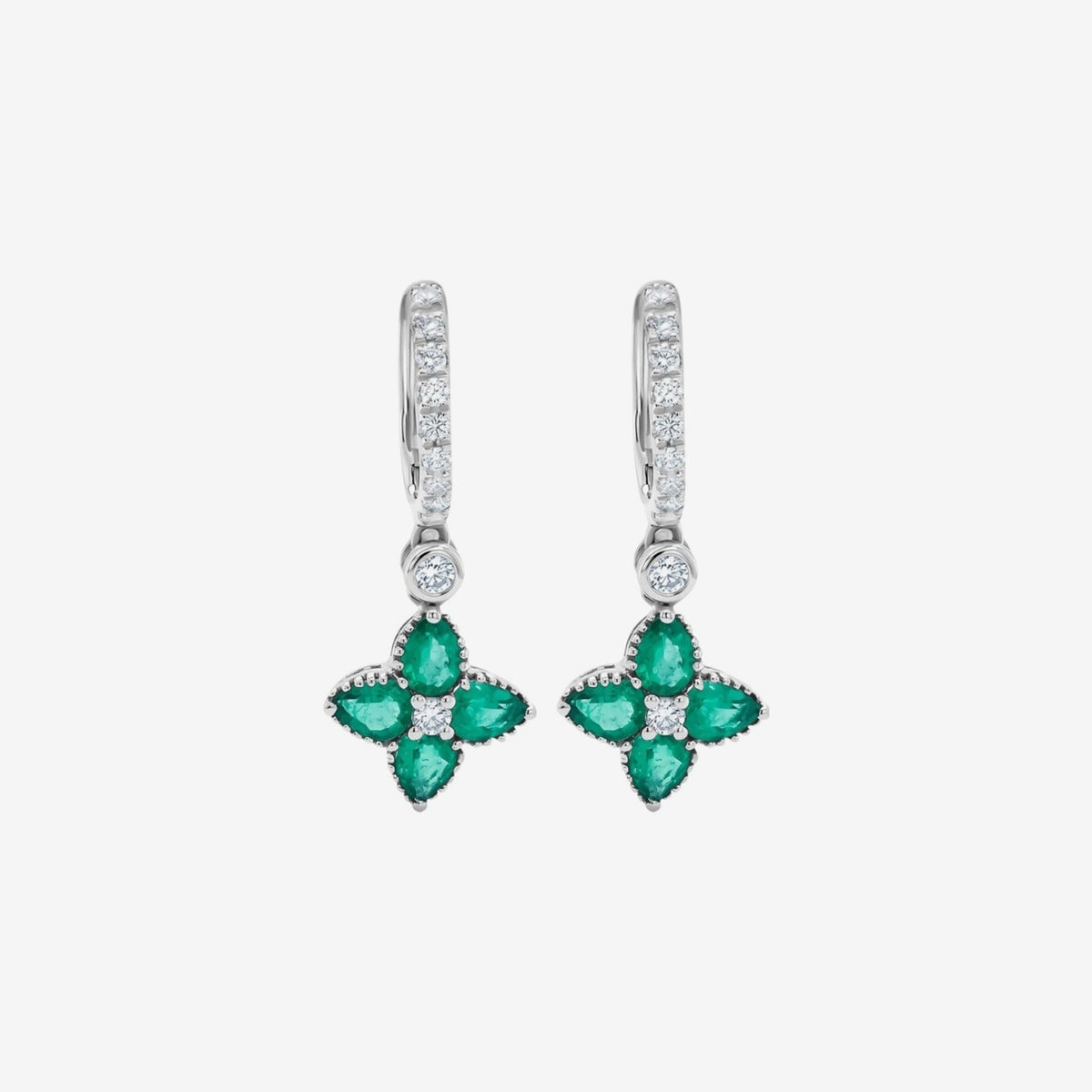 Floral Drop Hoop Earrings with Pavé Diamonds and Gemstones with Emerald, gray background | JJ Jewelry Miami