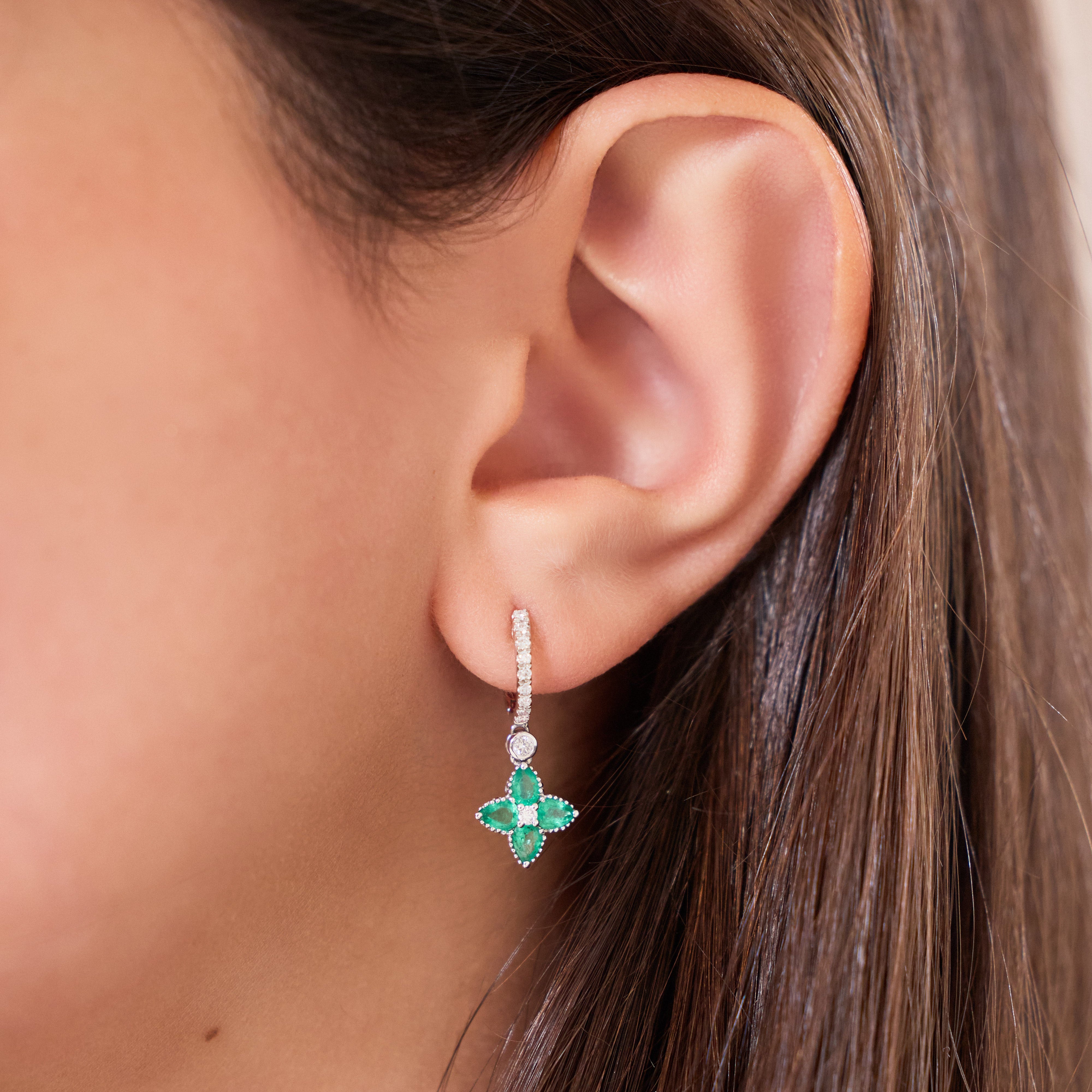 Floral Drop Hoop Earrings with Pavé Diamonds and Gemstones in 18K Gold