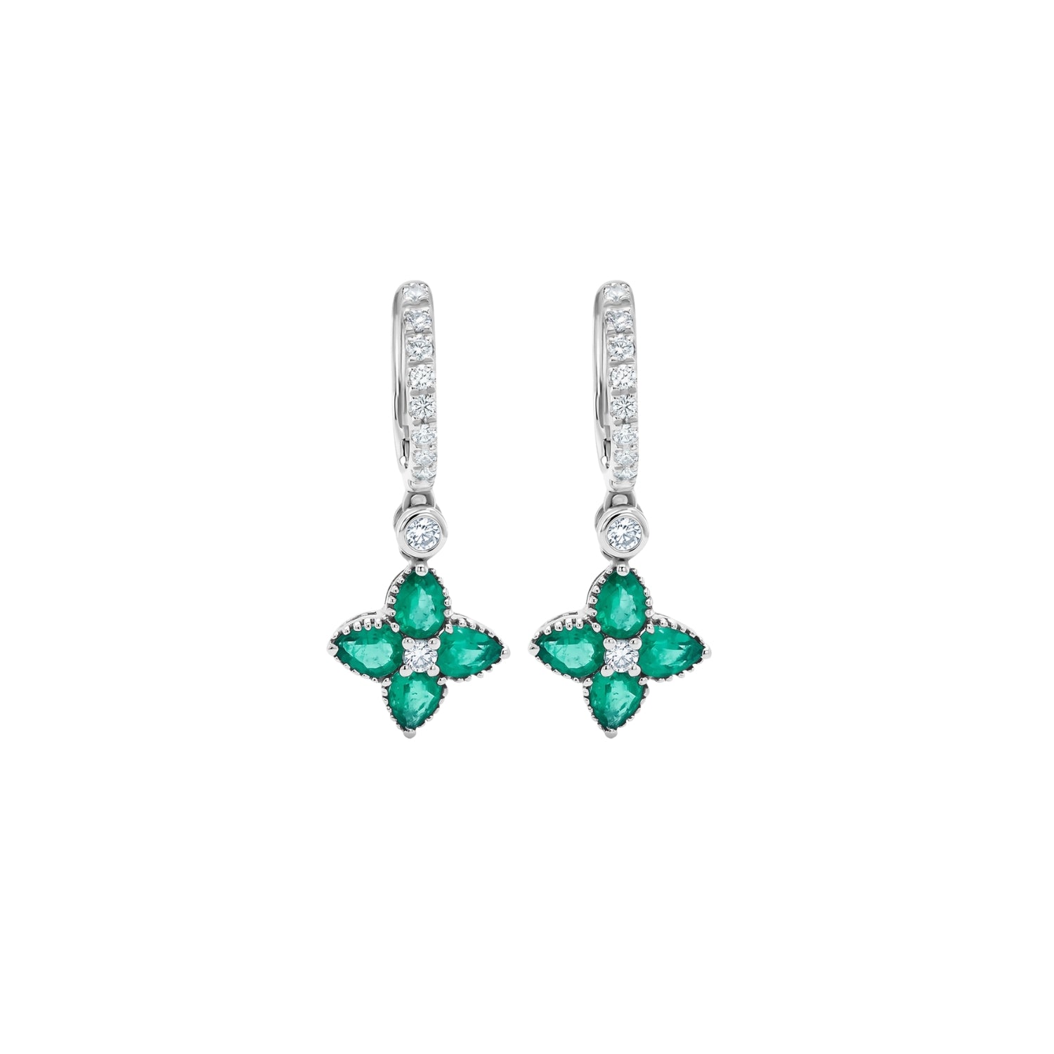 Floral Drop Hoop Earrings with Pavé Diamonds and Gemstones in 18K Gold