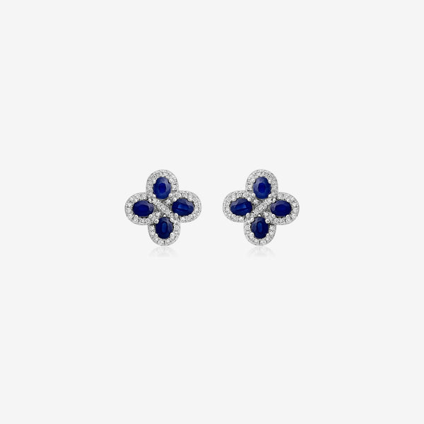 Floral Gemstone Stud Earrings in 14K White Gold with Blue Sapphire, gray background | JJ Jewelry Miami