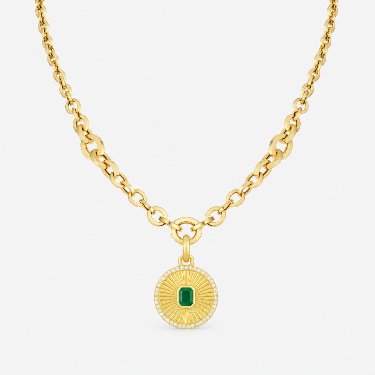 Fluted Emerald Disc Pendant with Diamonds in 14K Yellow Gold, on a chunky gold chain | JJ Jewelry Miami