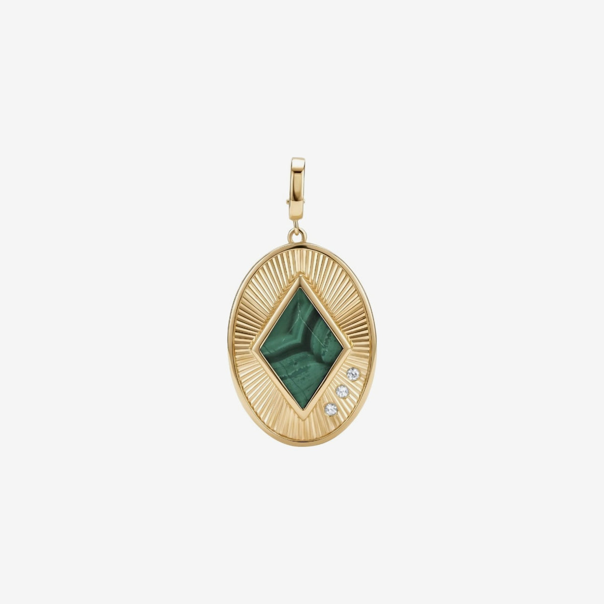 Fluted Oval Gemstone Pendant in 18K Yellow Gold, Malachite, gray background | JJ Jewelry Miami