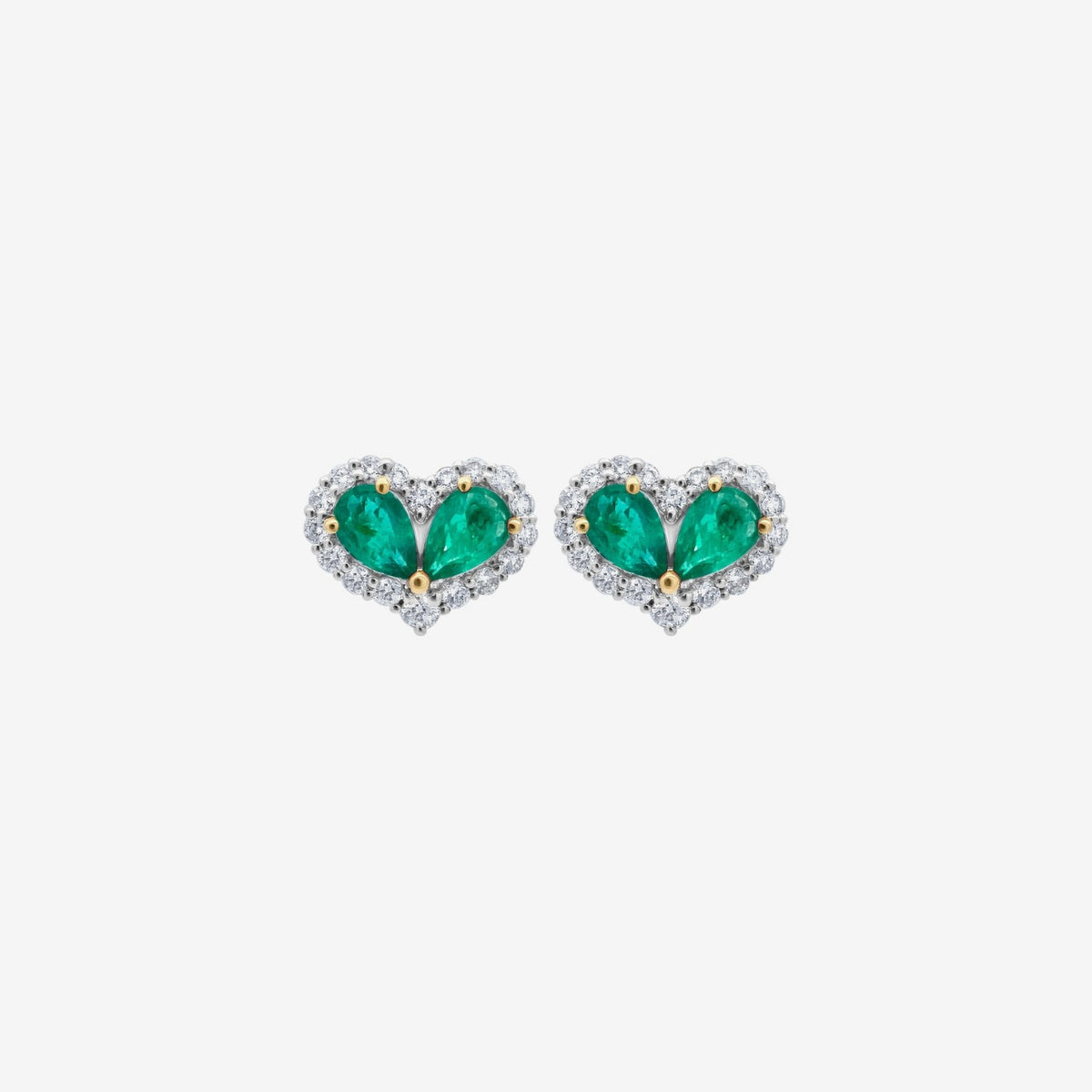 Heart Diamond Frame Earrings with Gemstone Center in 18K Yellow and White Gold with Emerald, gray background | JJ Jewelry Miami