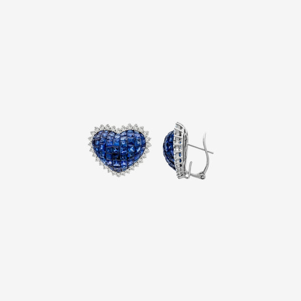 Heart-Shaped Blue Sapphire Earrings with Diamond Halo in 18K White Gold, gray background | JJ Jewelry Miami