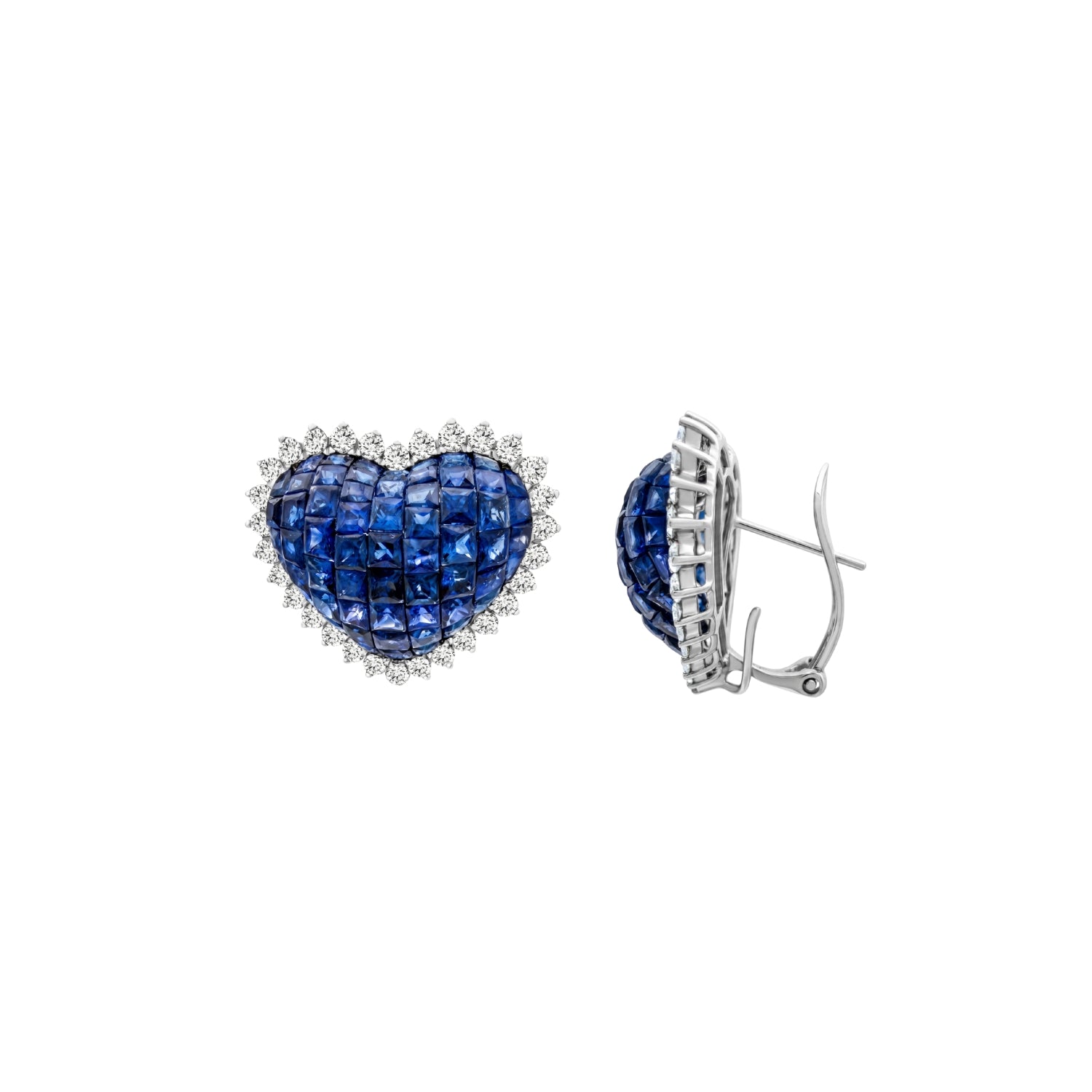 Heart-Shaped Blue Sapphire Earrings with Diamond Halo in White Gold